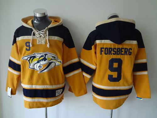 Predators #9 Filip Forsberg Yellow Sawyer Hooded Sweatshirt Stitched NHL Jersey - Click Image to Close